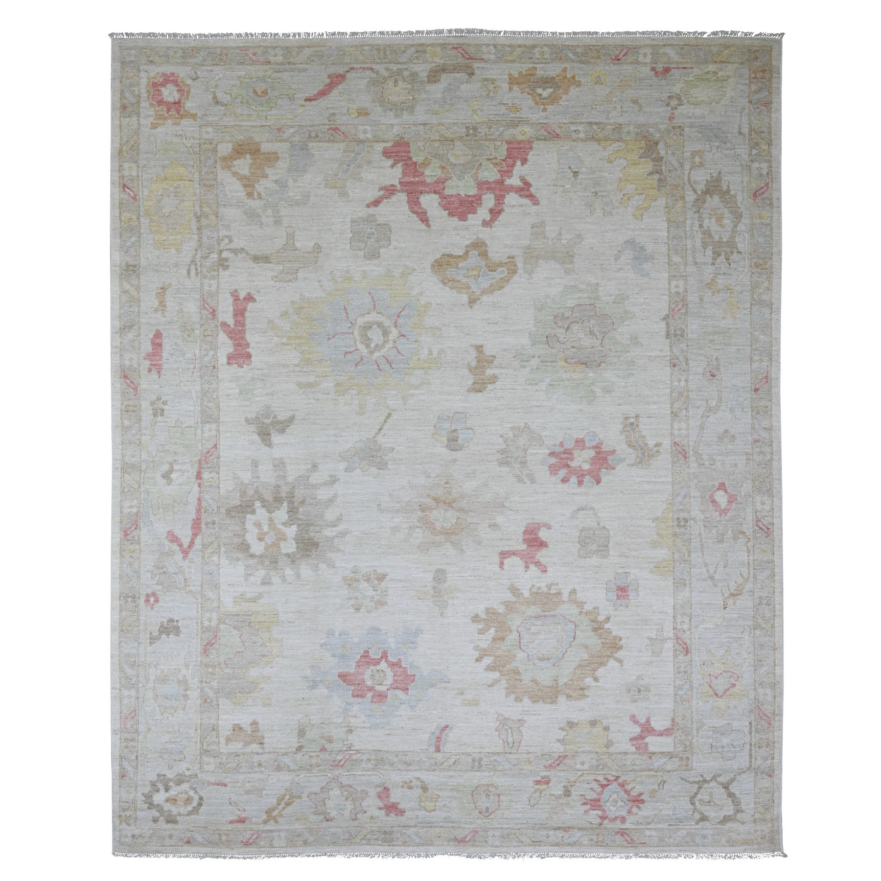 Chiffon White, Afghan Angora Oushak with Large Leaf Design, Hand Knotted, 100% Wool, Vegetable Dyes, Oriental Rug